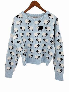 CUPCAKE CLOTHING LTD Women's Blue White Black Sheep Crew Neck Sweater Large